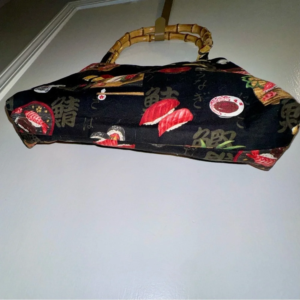 Vintage Sushi Print Handbag with Bamboo Handles